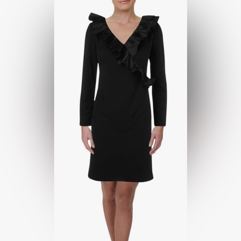 Lauren by Ralph Lauren Black Ruffled Crepe Long Sleeve Dress